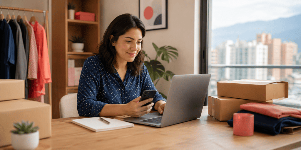 Emprendedora con tienda online utilizando un domicilio tributario virtual