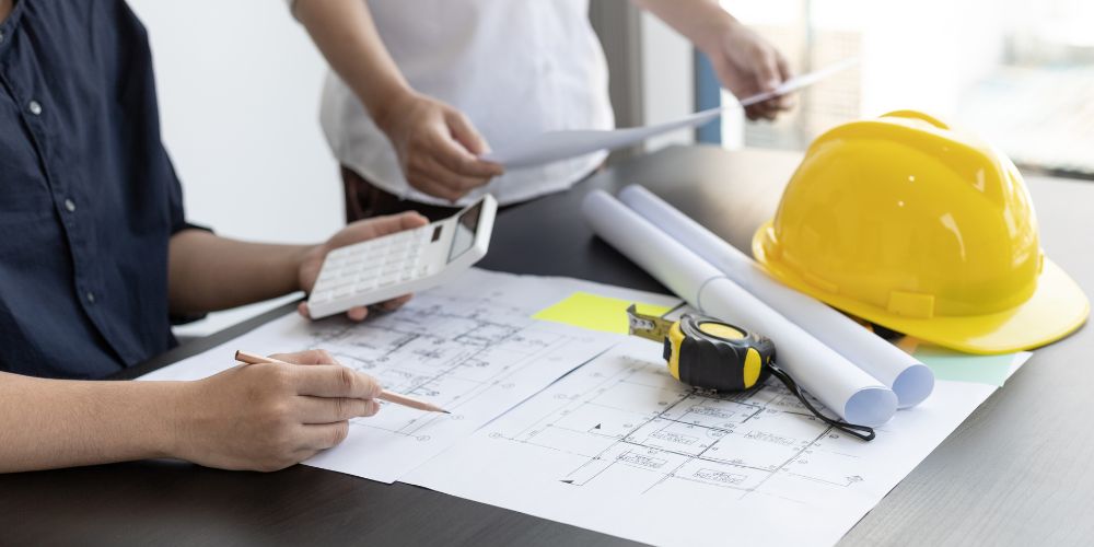 Personas revisando planos con calculadora y casco de construcción.