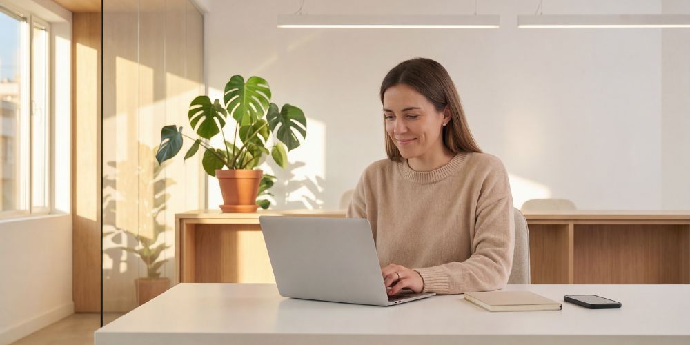 Mujer trabajando con un computador portátil en una oficina.