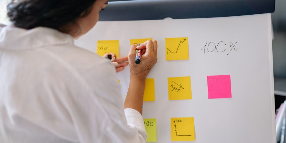 Persona organizando ideas con notas adhesivas y gráficos en un papelógrafo.