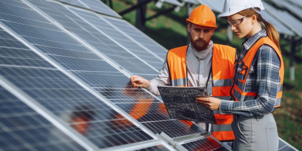 Dos personas con cascos y chalecos de seguridad revisando paneles solares.