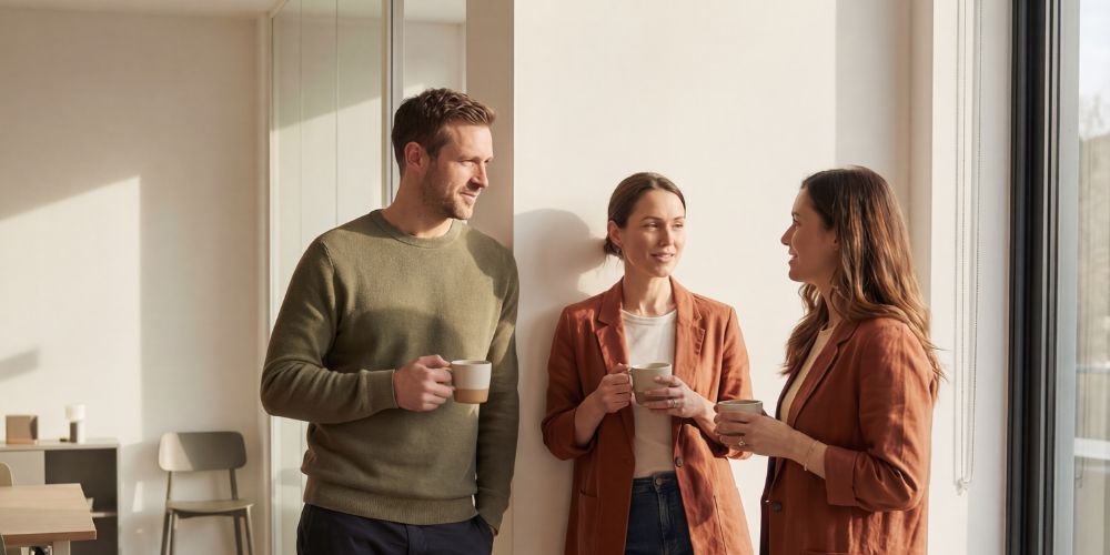 Tres personas conversando con tazas en las manos junto a una ventana.