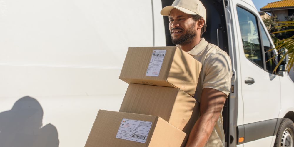 Repartidor transportando cajas junto a un vehículo de reparto.