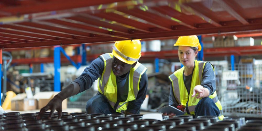 Dos trabajadores con cascos y una tablet revisando mercancías en estanterías industriales.