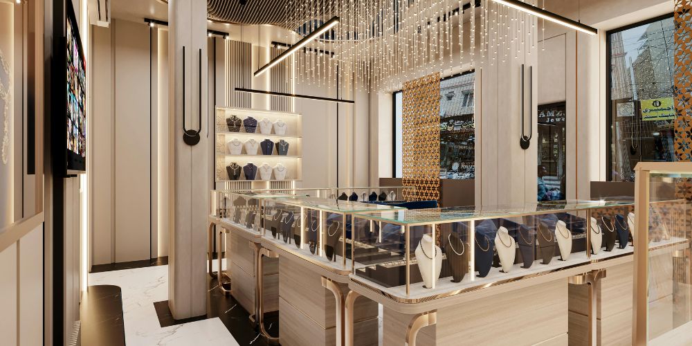 Interior de una joyería con vitrinas de cristal y exhibidores de collares.